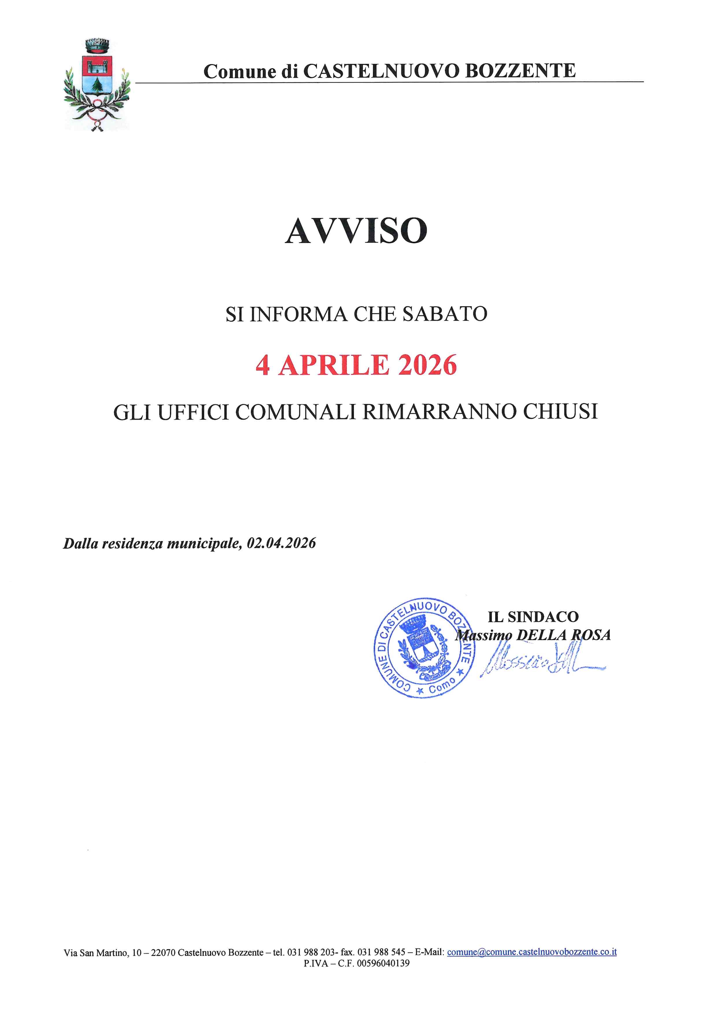 Chiusura uffici comunali